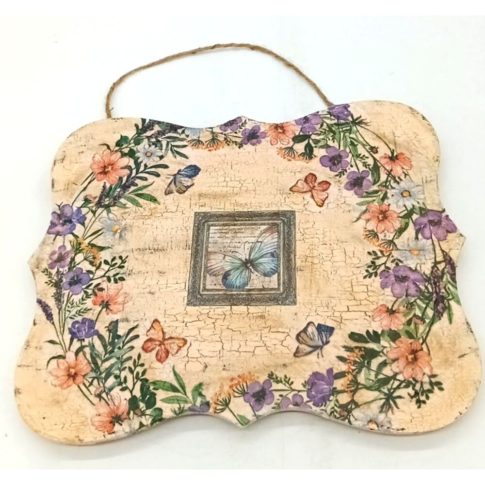 Cottage Floral Butterfly 12" Wood Spring Wall Decor Rustic Crackle Finish